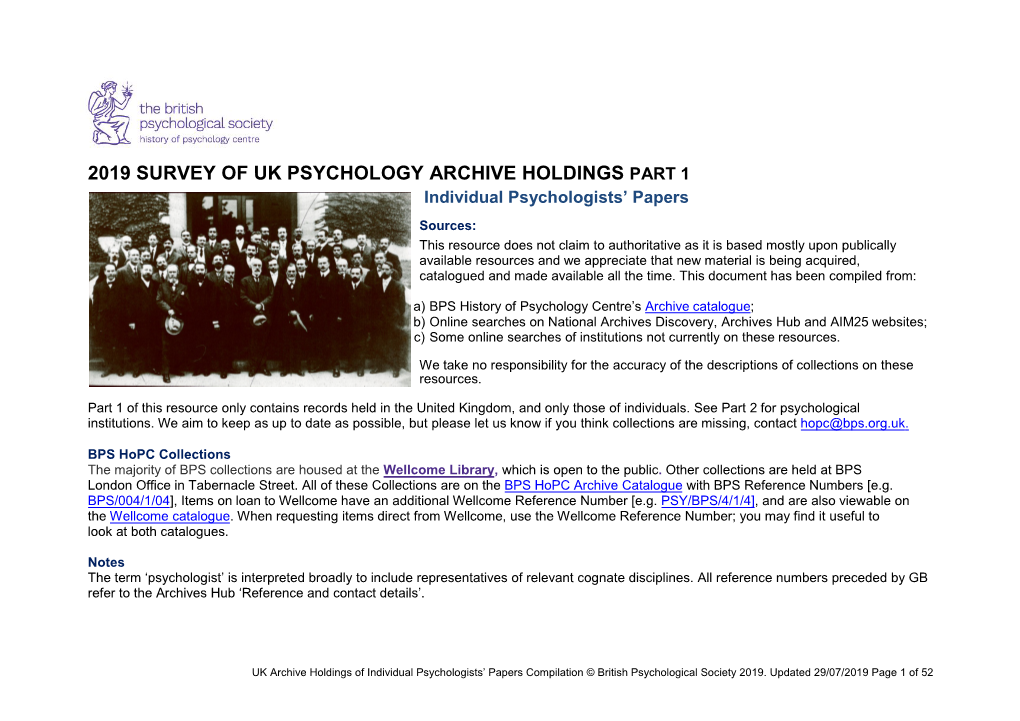 2019 Survey of UK Psychology Archive Holdings