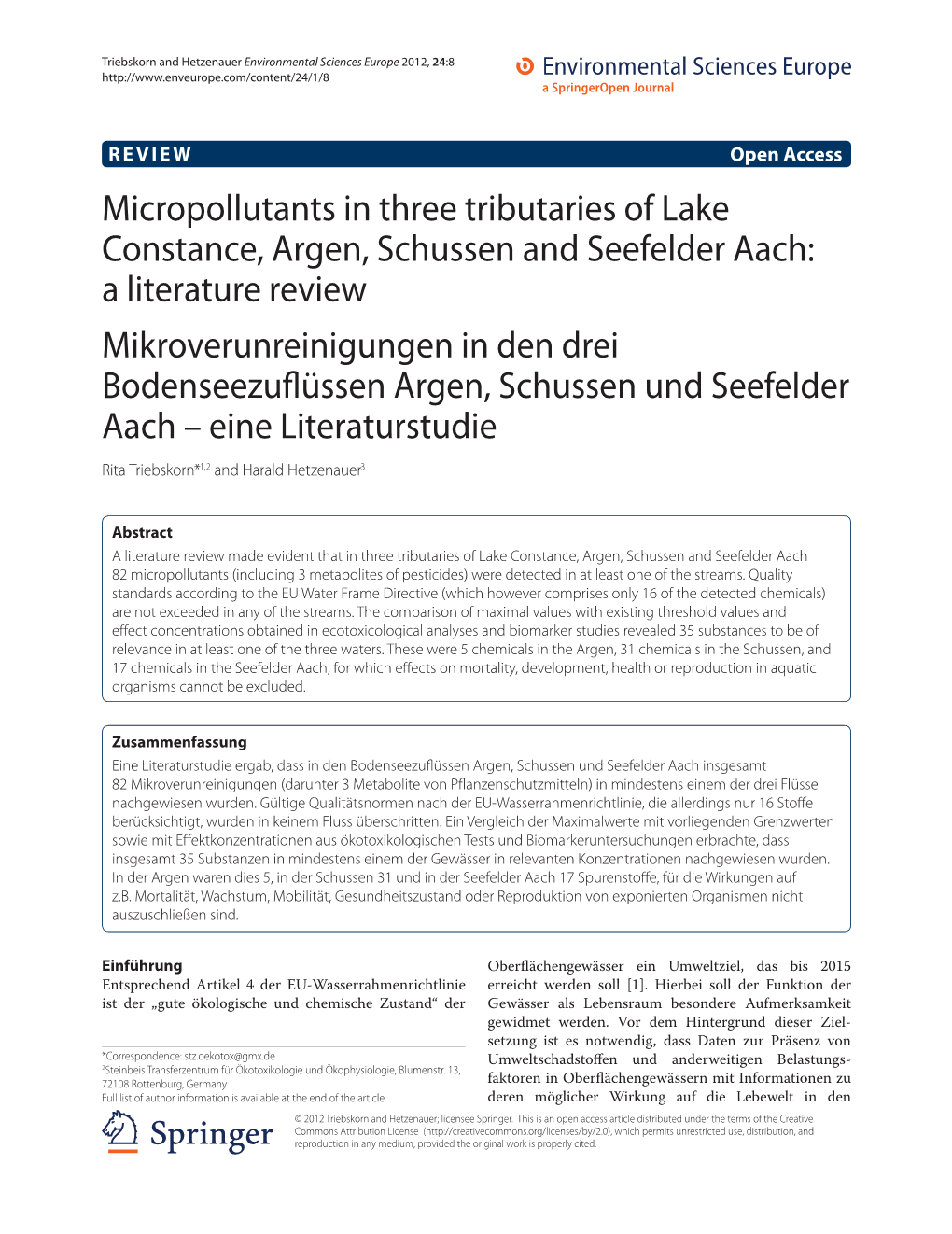 Micropollutants in Three Tributaries of Lake Constance, Argen, Schussen