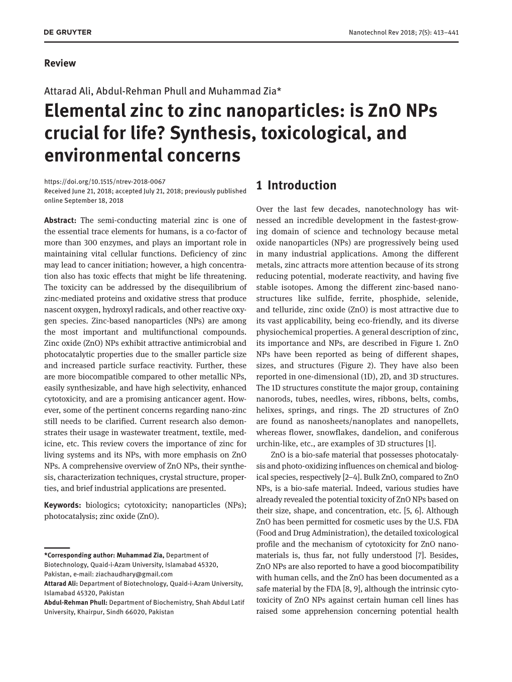 Elemental Zinc to Zinc Nanoparticles: Is Zno Nps Crucial for Life?