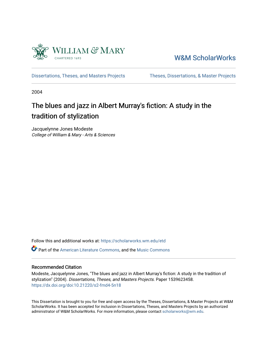 The Blues and Jazz in Albert Murray's Fiction: a Study in the Tradition of Stylization