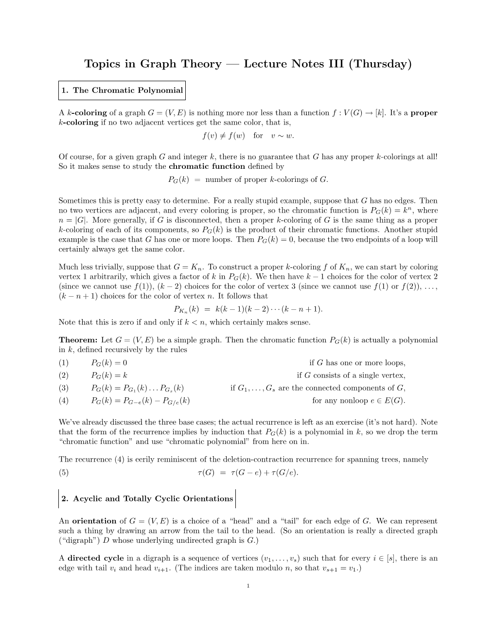 Topics in Graph Theory — Lecture Notes III (Thursday)