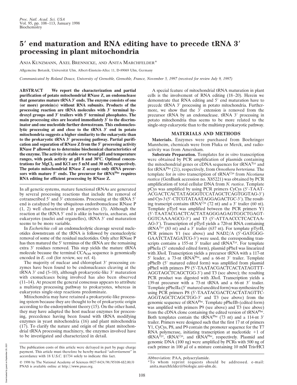 5 End Maturation and RNA Editing Have to Precede Trna 3 Processing