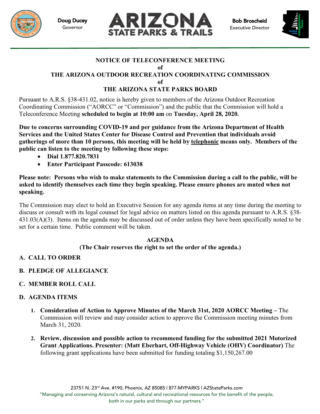 NOTICE of TELECONFERENCE MEETING of the ARIZONA OUTDOOR RECREATION COORDINATING COMMISSION of the ARIZONA STATE PARKS BOARD Pursuant to A.R.S