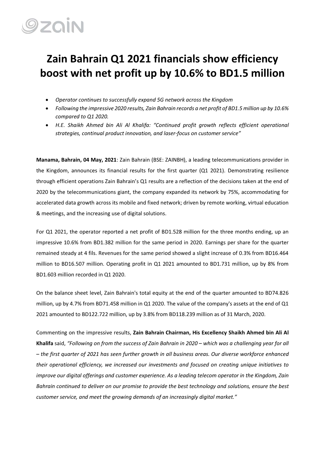 Zain Bahrain Q1 2021 Financials Show Efficiency Boost with Net Profit up by 10.6% to BD1.5 Million