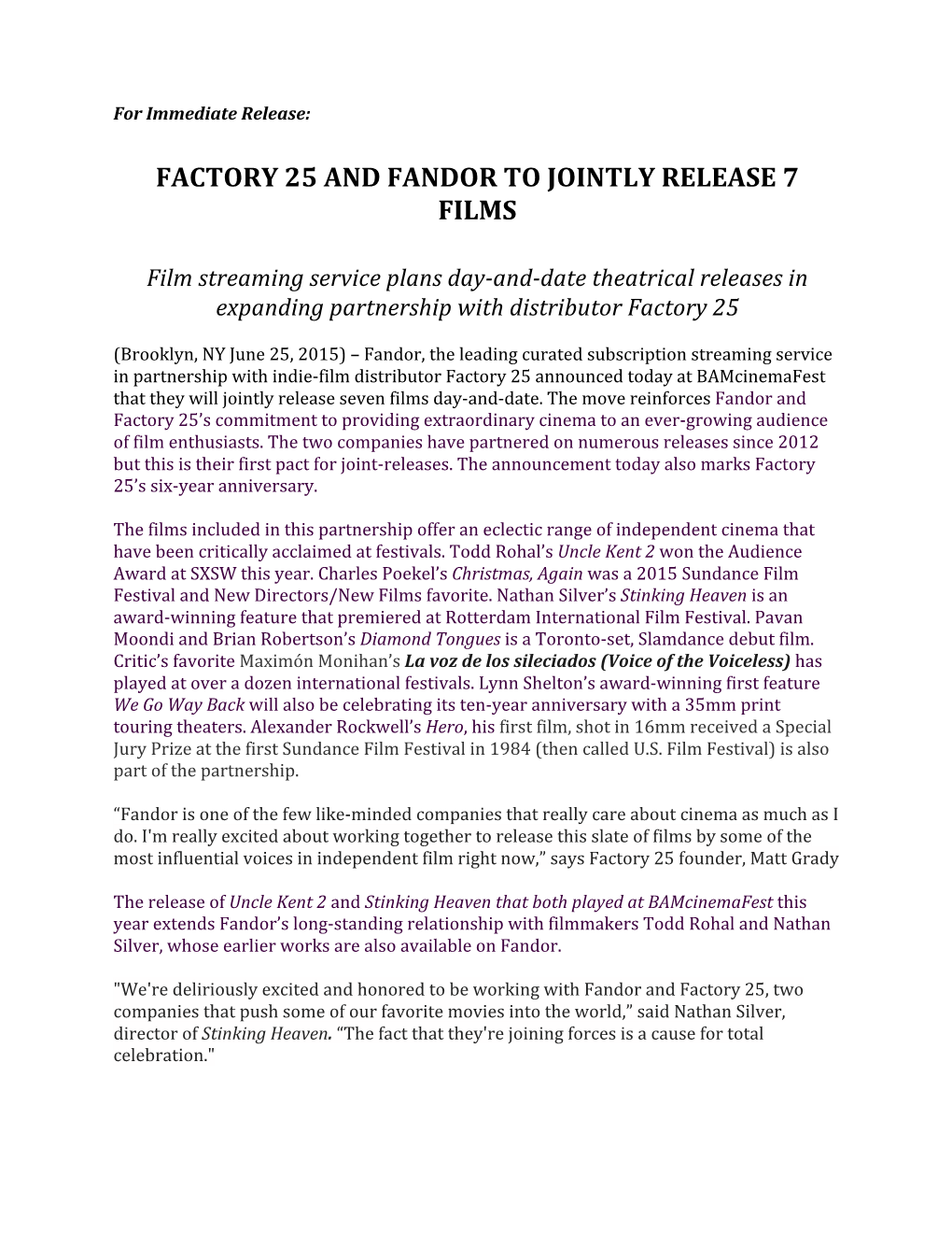 Factory 25 and Fandor to Jointly Release 7 Films