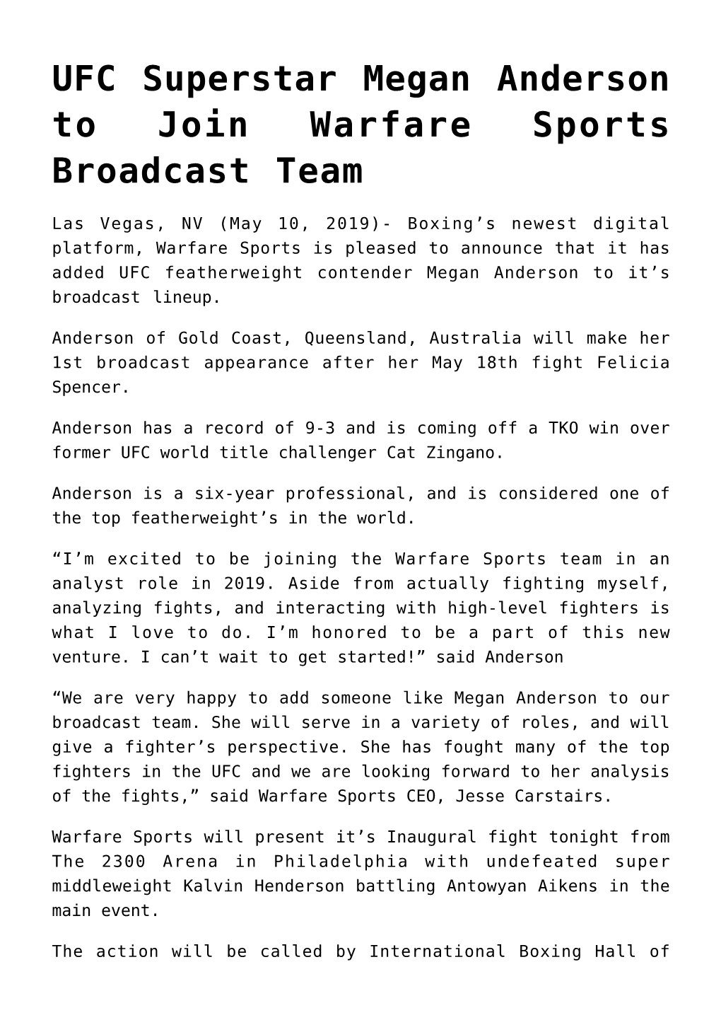 UFC Superstar Megan Anderson to Join Warfare Sports Broadcast Team