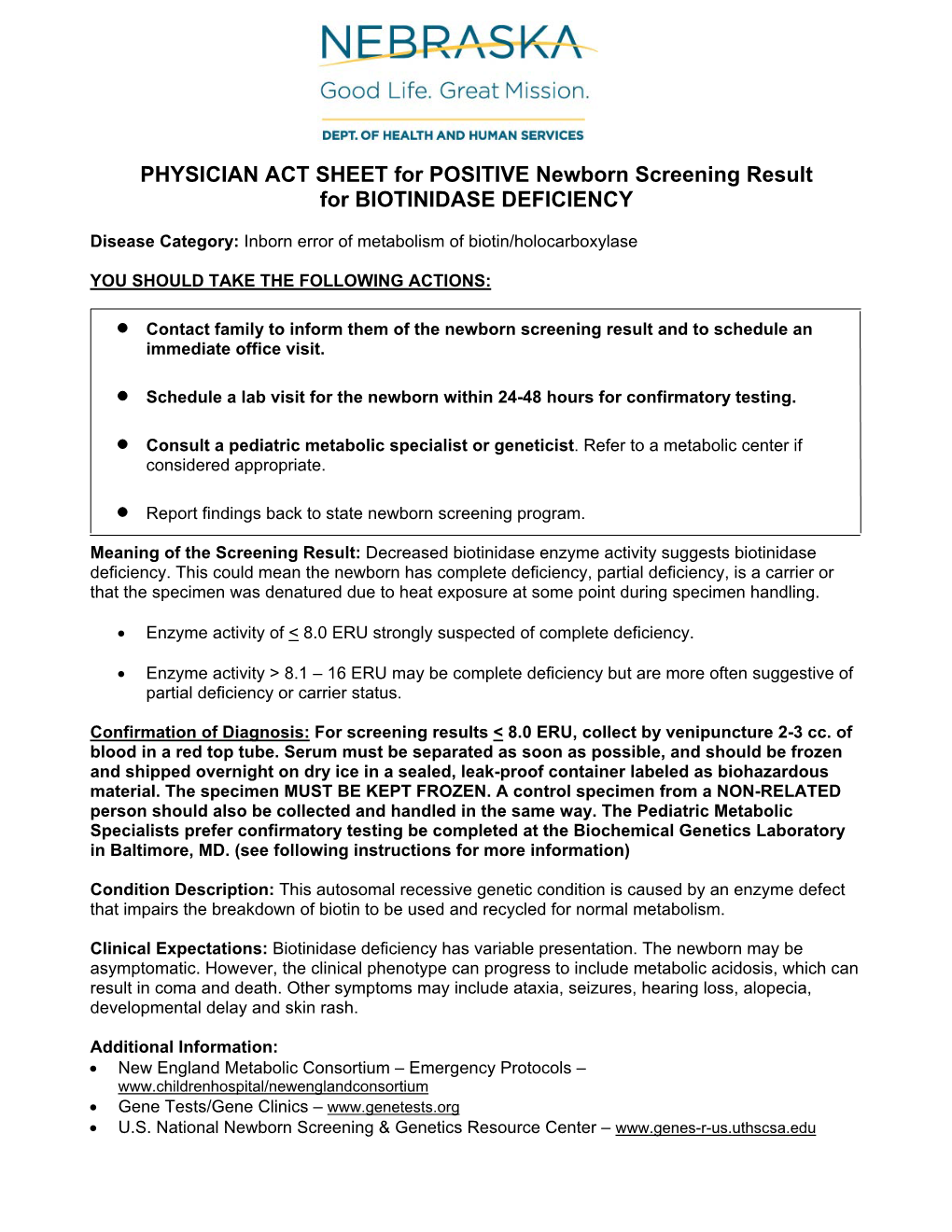 Biotinidase Deficiency ACT Sheet