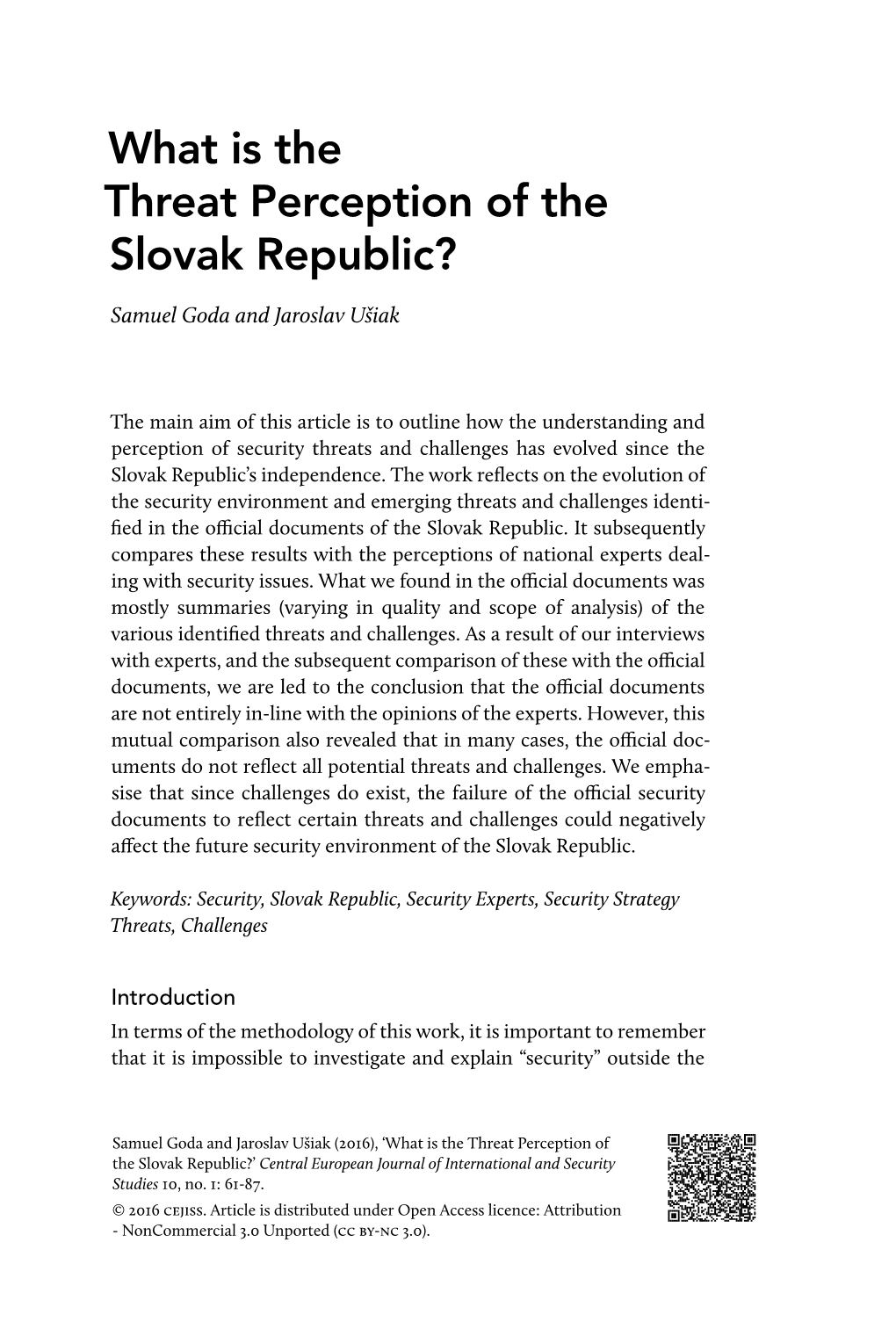 What Is the Threat Perception of the Slovak Republic?