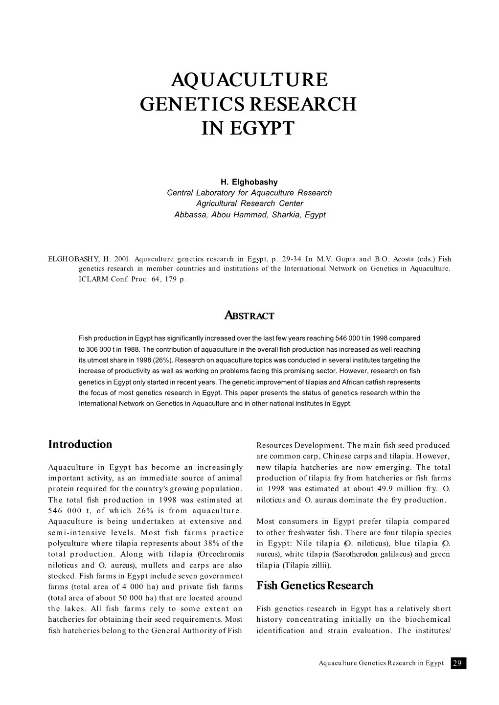 Aquaculture Genetics Research in Egypt
