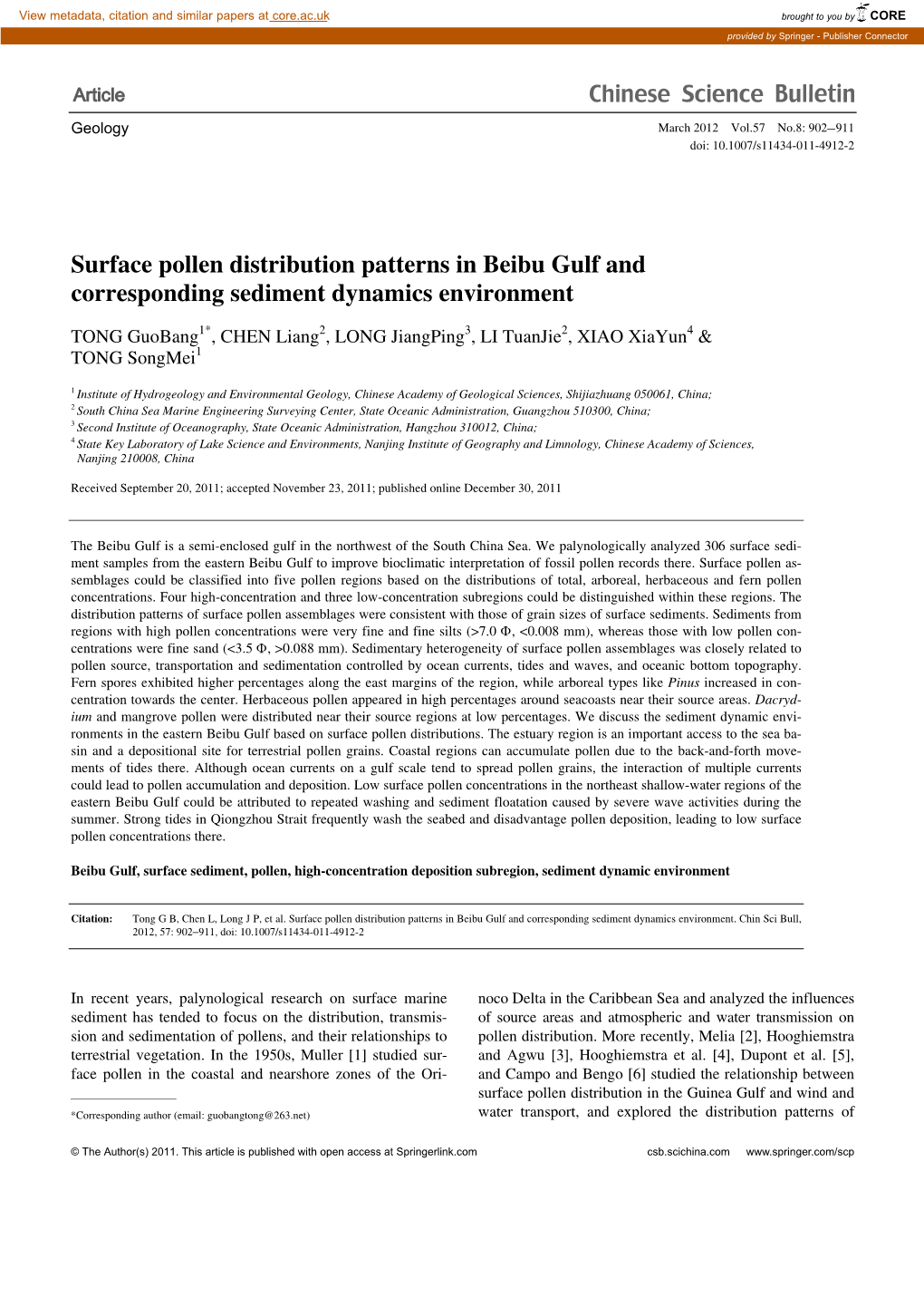 Surface Pollen Distribution Patterns in Beibu Gulf and Corresponding Sediment Dynamics Environment