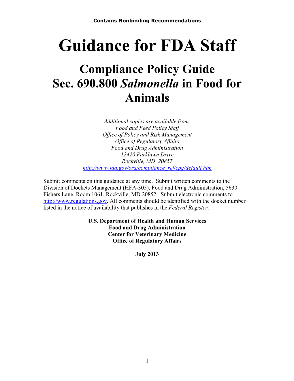Compliance Policy Guide Sec. 690.800 Salmonella in Food for Animals