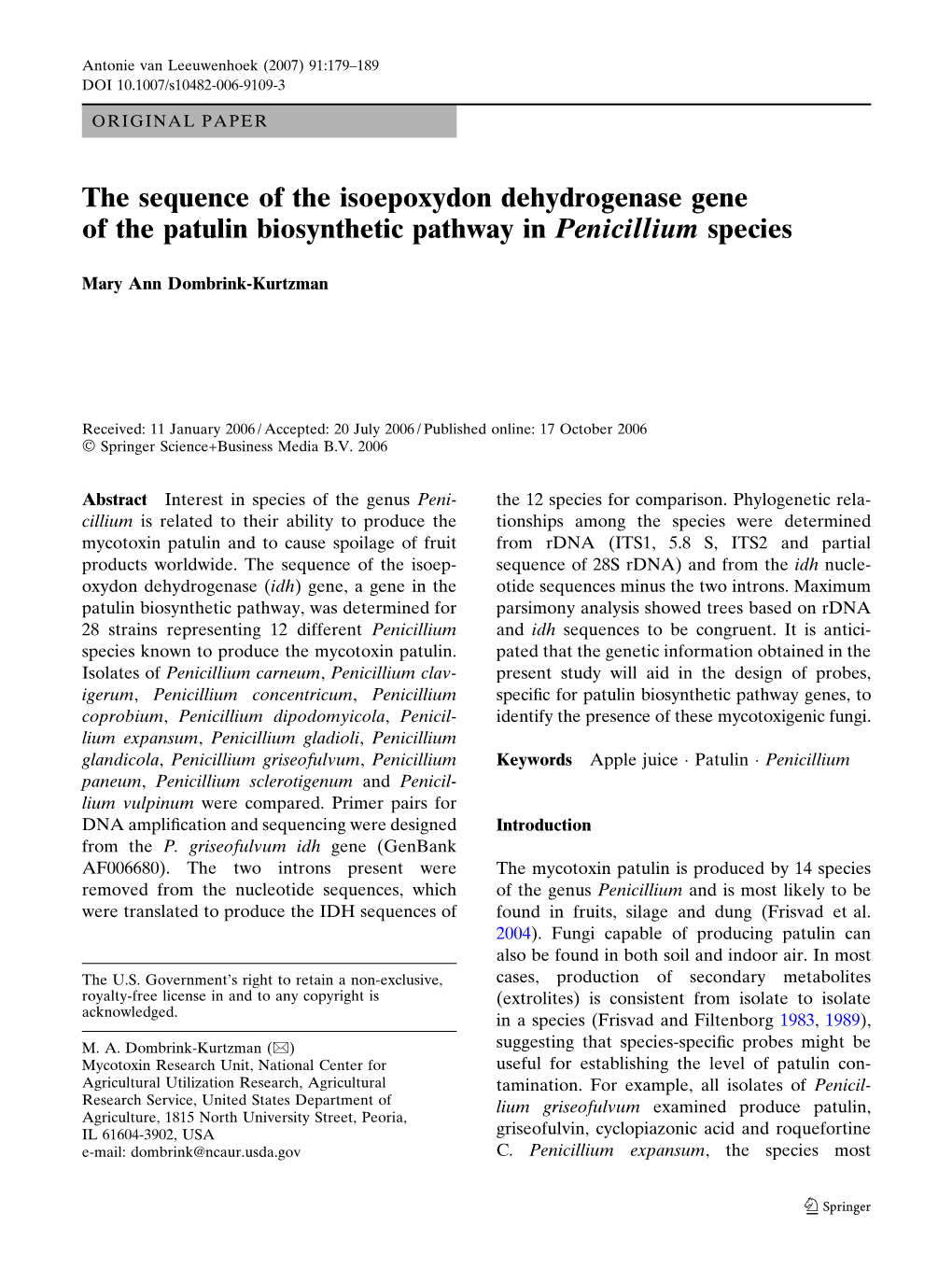 The Sequence of the Isoepoxydon Dehydrogenase Gene of the Patulin Biosynthetic Pathway in Penicillium Species