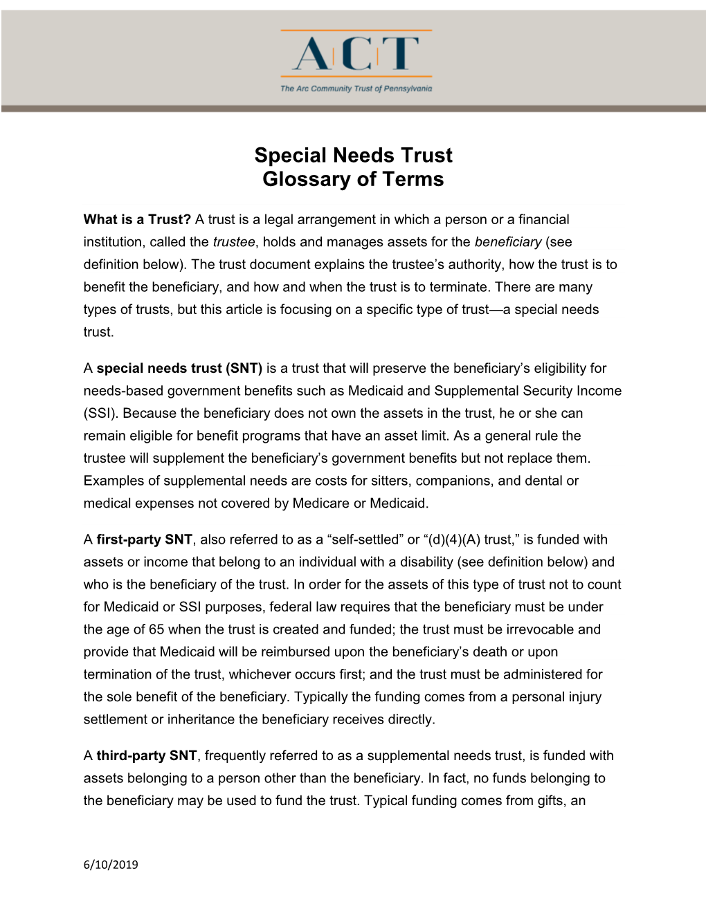 Special Needs Trust Glossary of Terms