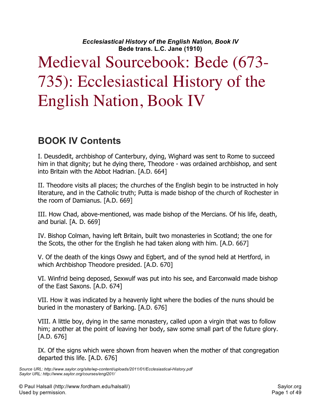 Medieval Sourcebook: 735): English Nation, Book IV