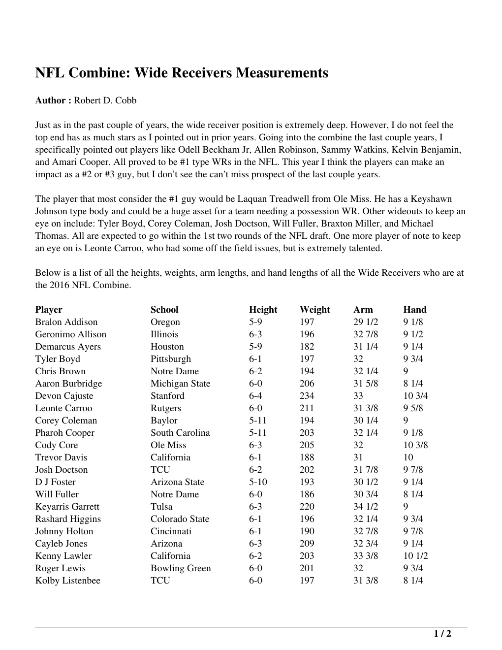 NFL Combine: Wide Receivers Measurements