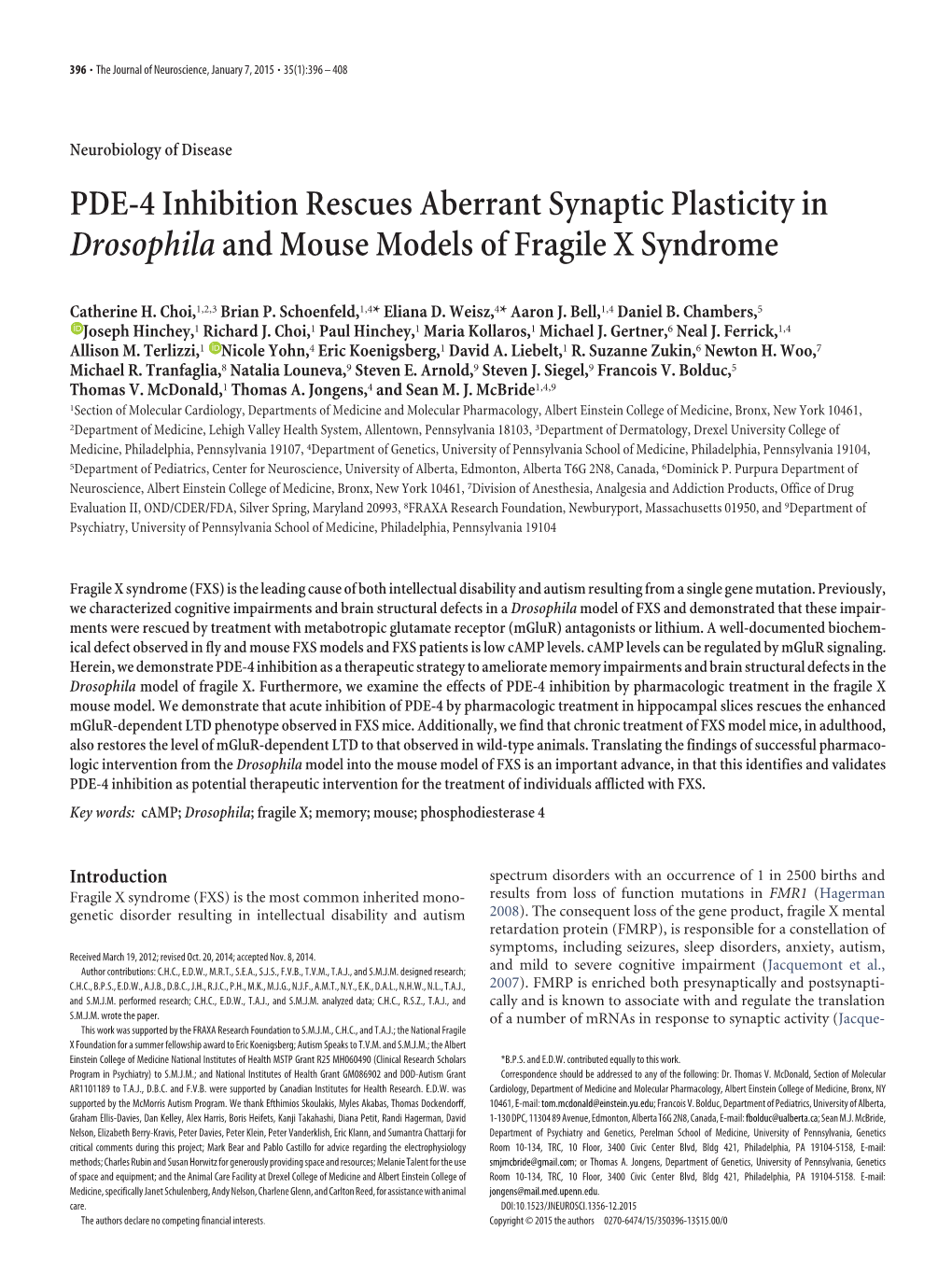 PDE-4 Inhibition Rescues Aberrant Synaptic Plasticity in Drosophilaand Mouse Models of Fragile X Syndrome