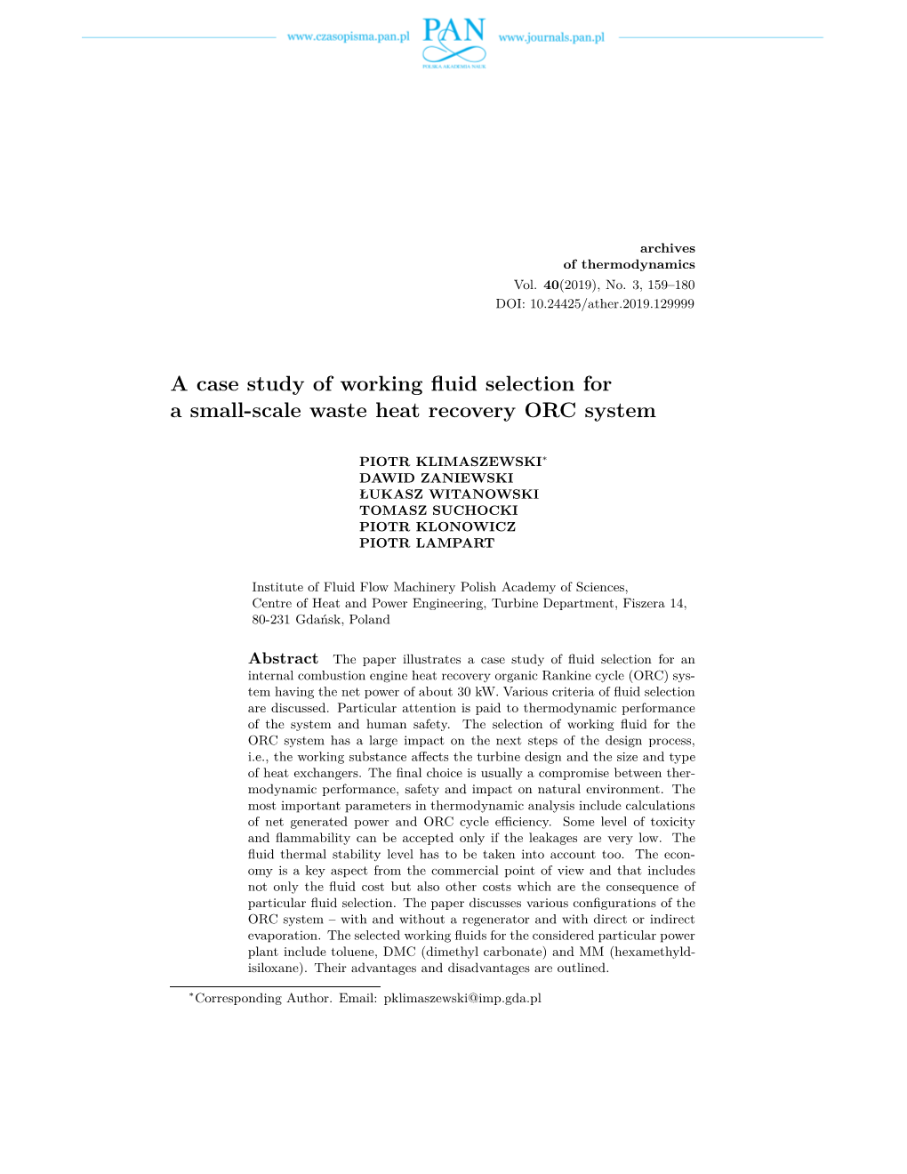 A Case Study of Working Fluid Selection for a Small-Scale Waste Heat