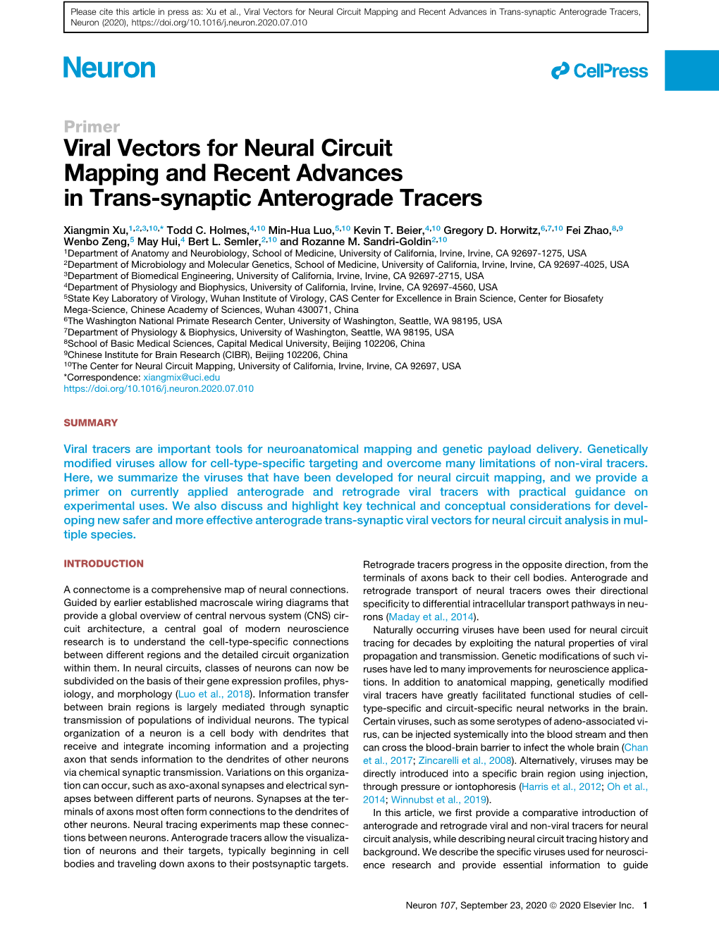 Viral Vectors for Neural Circuit Mapping and Recent Advances in Trans-Synaptic Anterograde Tracers, Neuron (2020)