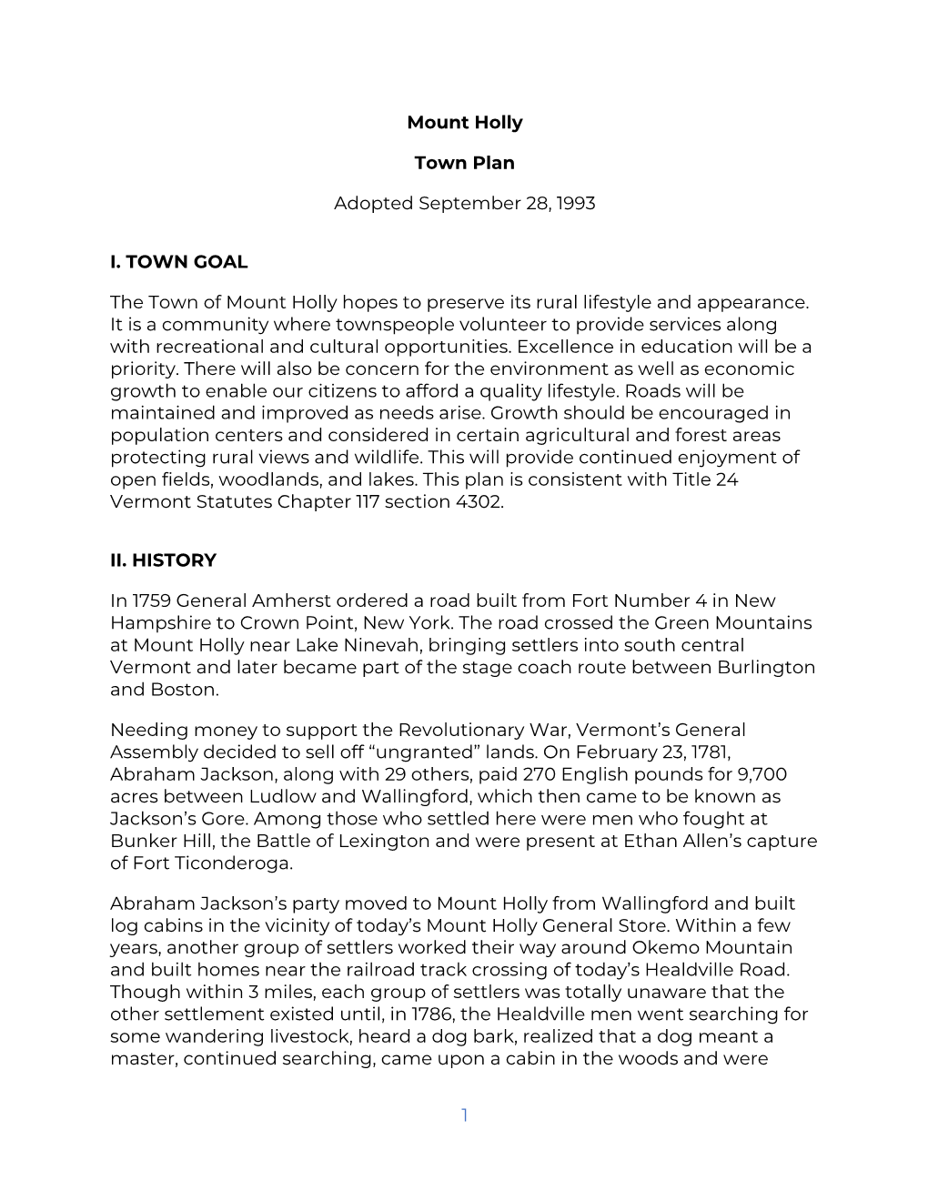 1 Mount Holly Town Plan Adopted September 28, 1993 I. TOWN