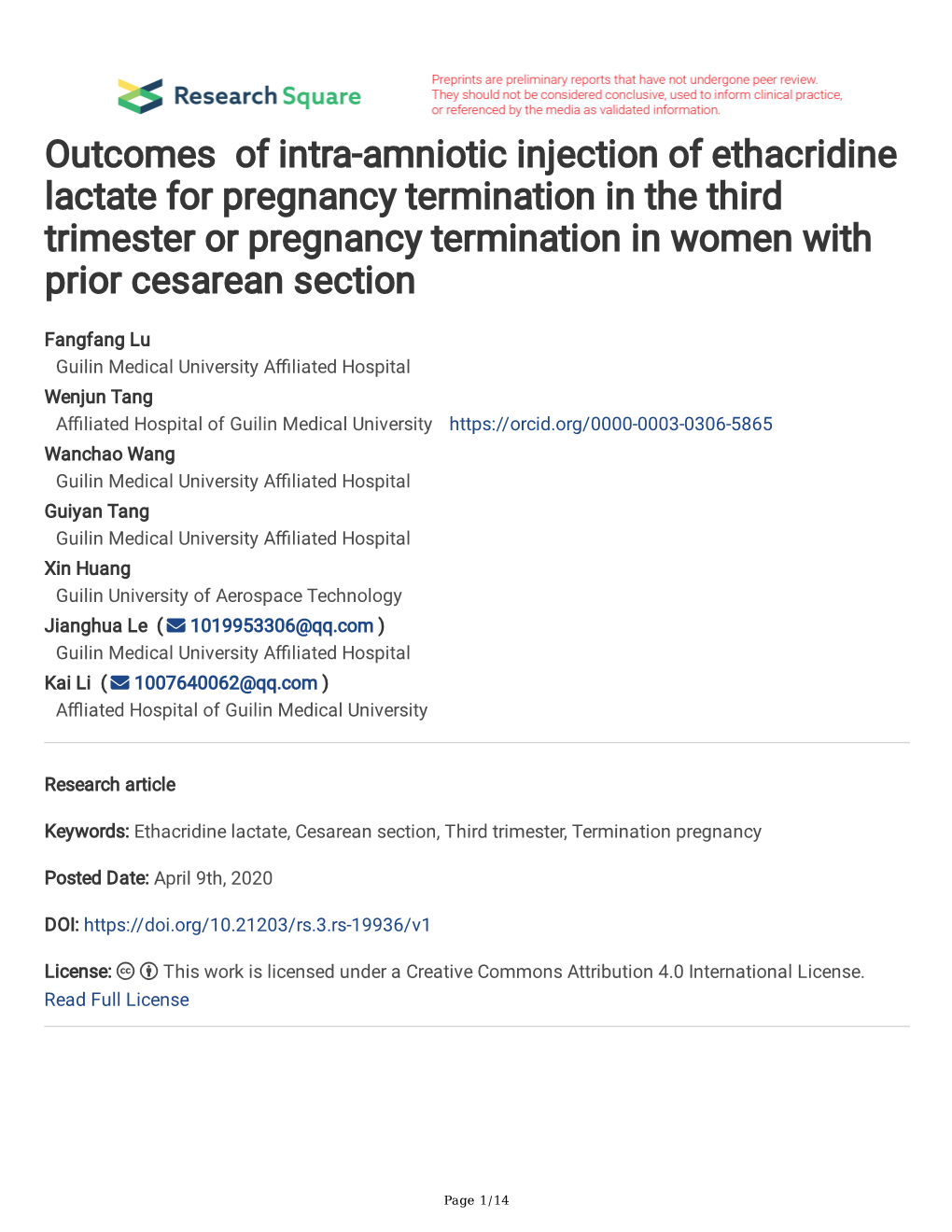 Outcomes of Intra-Amniotic Injection of Ethacridine Lactate for Pregnancy Termination in the Third Trimester Or Pregnancy Term