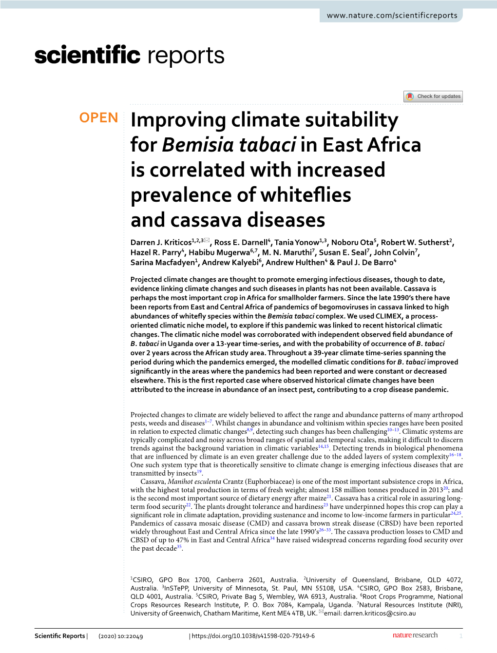 Improving Climate Suitability for Bemisia Tabaci in East Africa Is Correlated with Increased Prevalence of Whitefies and Cassava Diseases Darren J