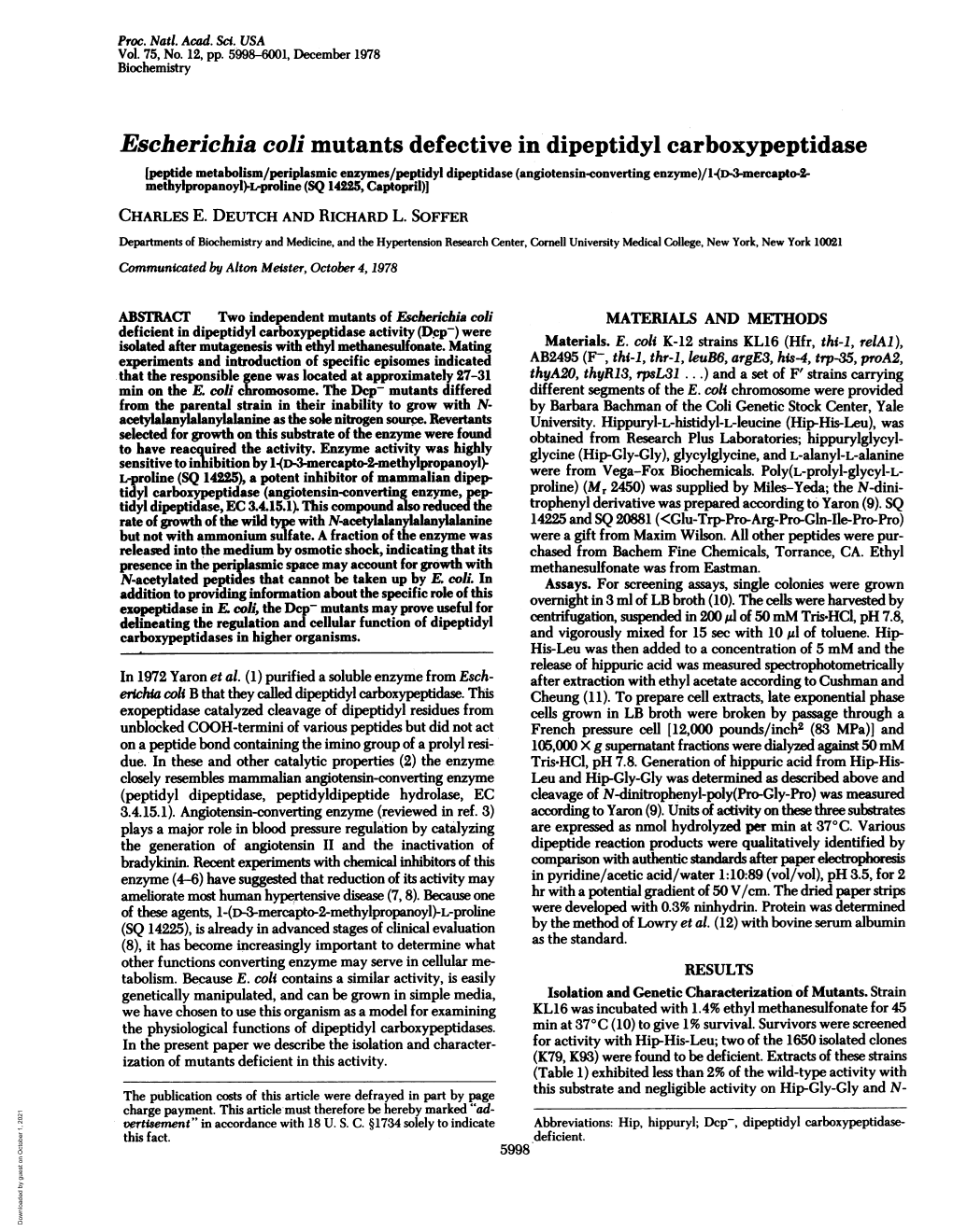 Escherichia Coli Mutants Defective in Dipeptidyl Carboxypeptidase