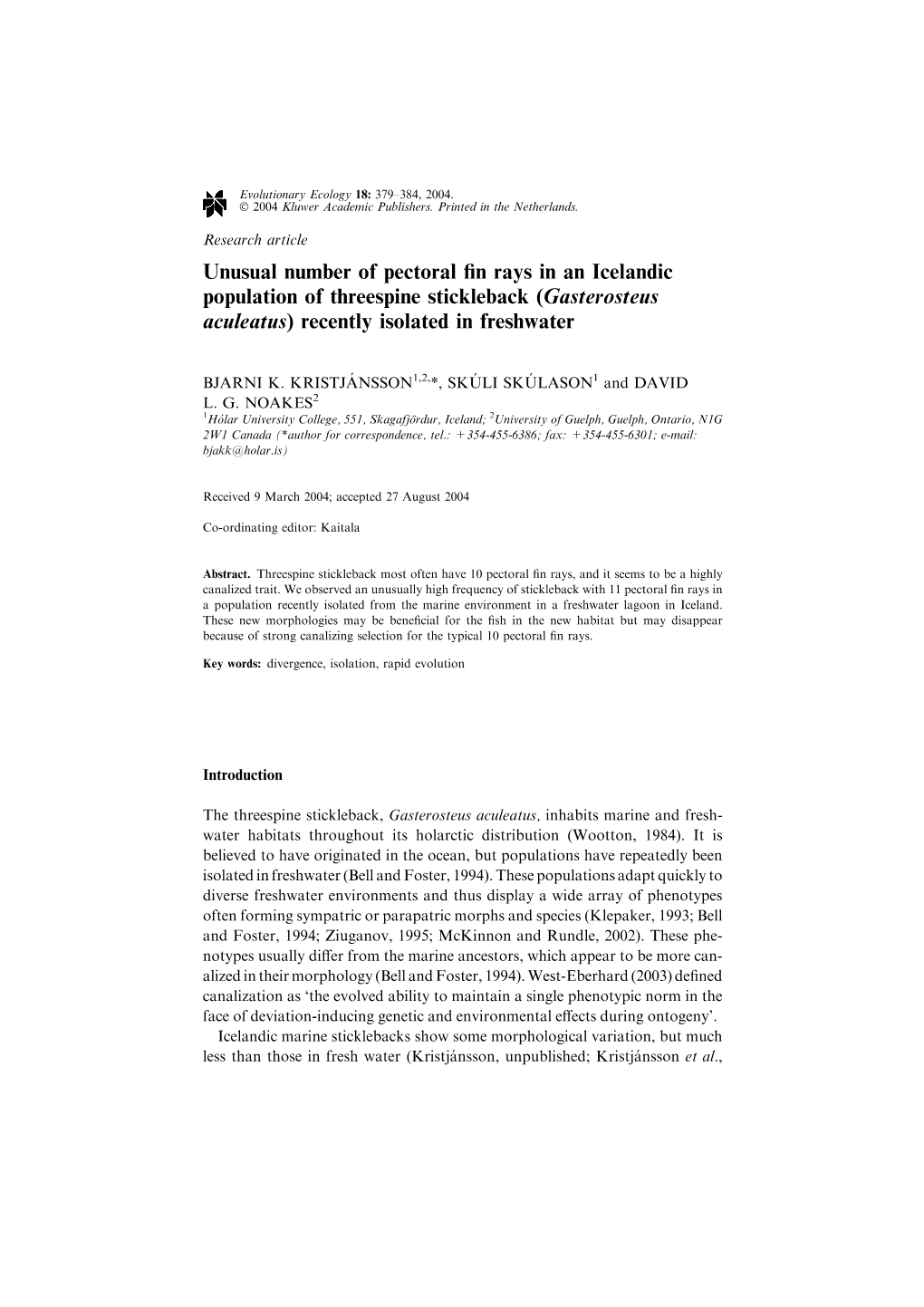 Unusual Number of Pectoral Fin Rays in an Icelandic Population Of