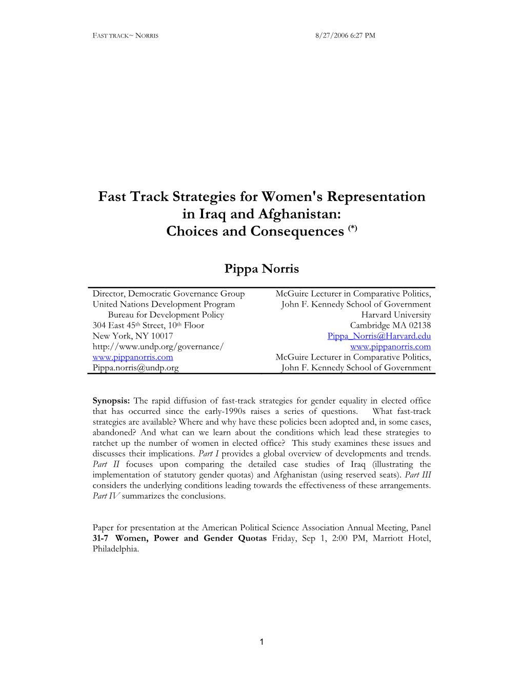 Fast Track Strategies for Women's Representation in Iraq and Afghanistan: Choices and Consequences (*)