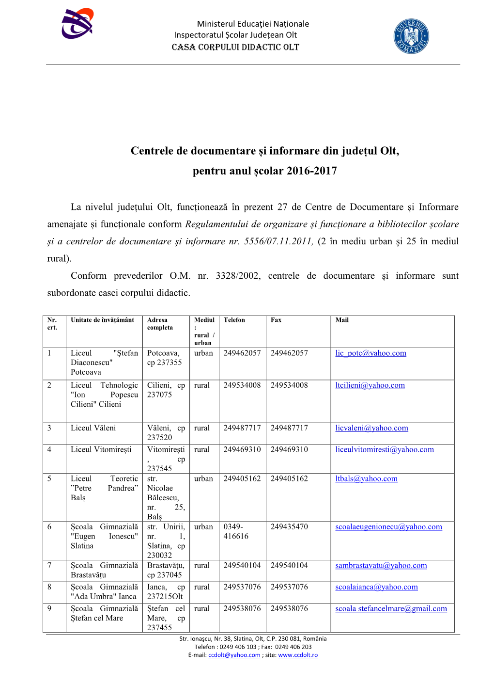 Centrele De Documentare Și Informare Din Județul Olt, Pentru Anul Școlar 2016-2017