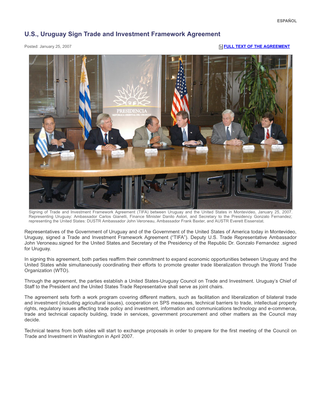 U.S., Uruguay Sign Trade and Investment Framework Agreement