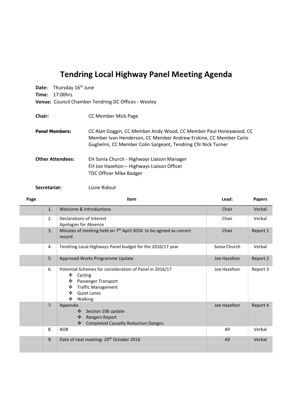 Tendring Local Highway Panel Meeting Agenda