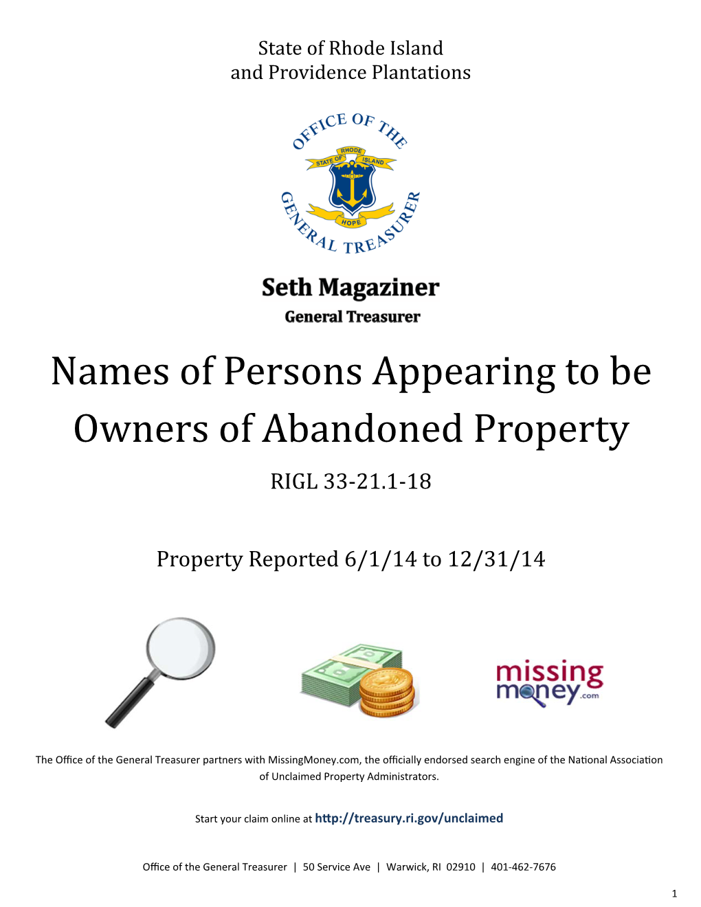 Names of Persons Appearing to Be Owners of Abandoned Property RIGL 33‐21.1‐18