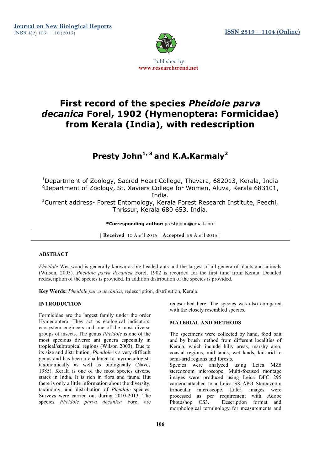First Record of the Species Pheidole Parva Decanica Forel, 1902 (Hymenoptera: Formicidae) from Kerala (India), with Redescription