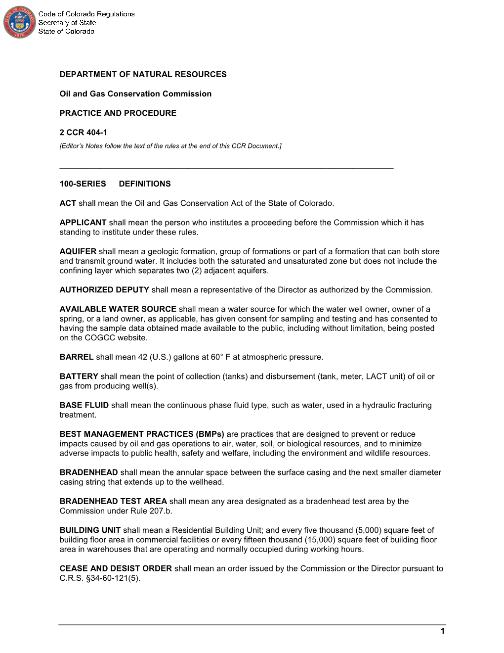 CCR 404-1 [Editor’S Notes Follow the Text of the Rules at the End of This CCR Document.]