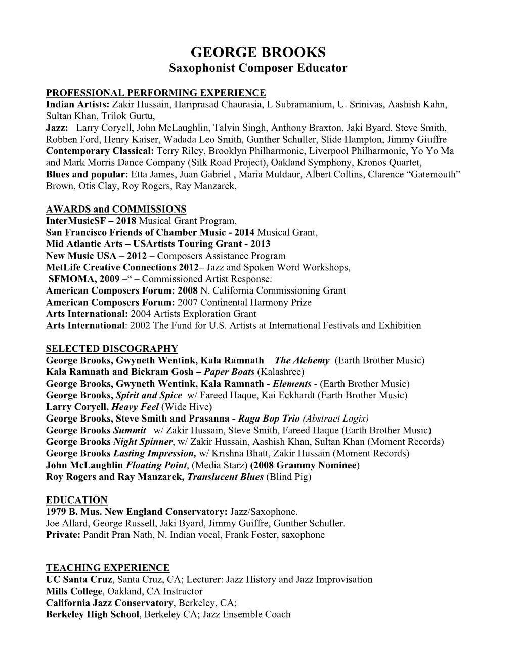 GEORGE BROOKS One Page Resume