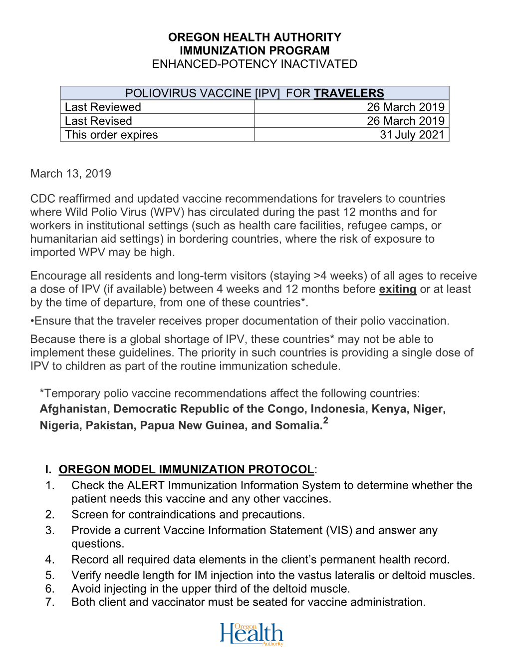 POLIOVIRUS VACCINE [IPV] for TRAVELERS Last Reviewed 26 March 2019 Last Revised 26 March 2019 This Order Expires 31 July 2021