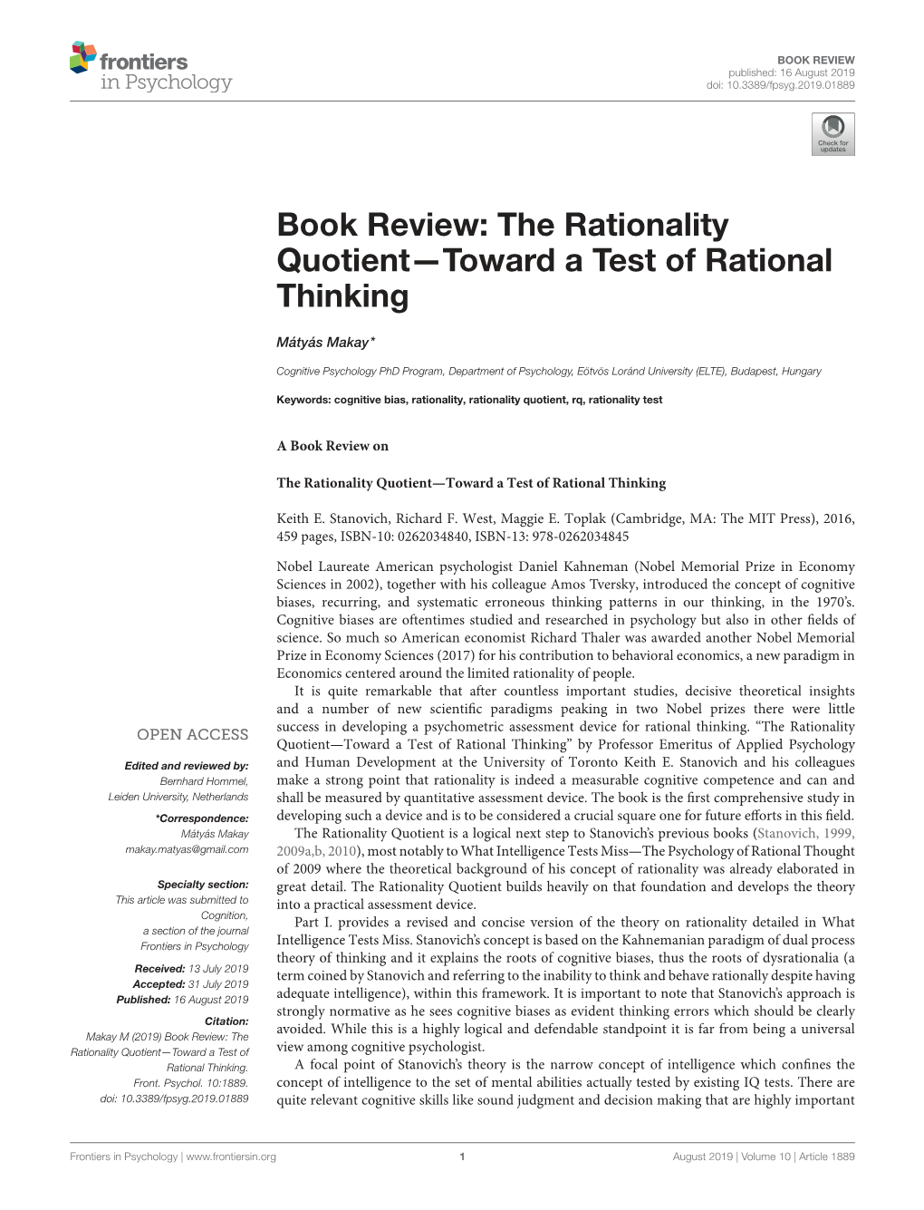 The Rationality Quotient„Toward a Test of Rational Thinking