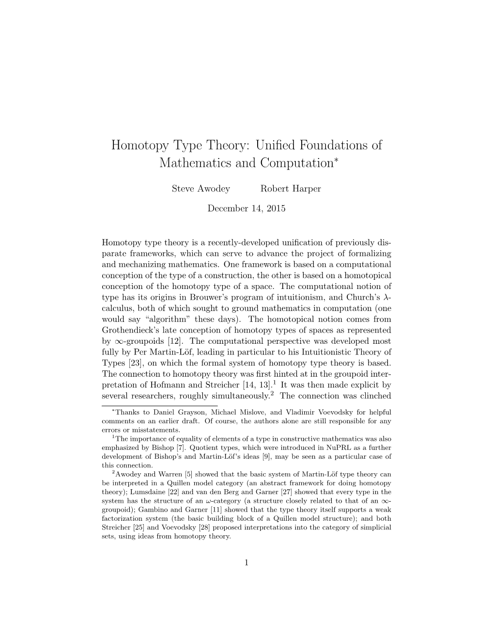 Homotopy Type Theory: Unified Foundations of Mathematics And