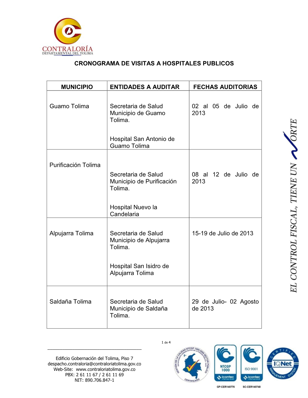 Cronograma De Visitas a Hospitales Publicos