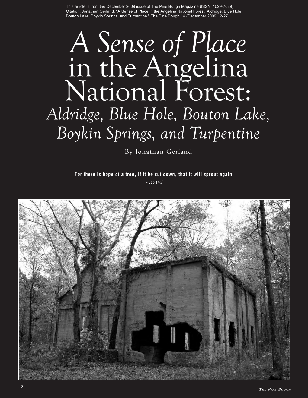 A Sense of Place in the Angelina National Forest: Aldridge, Blue Hole, Bouton Lake, Boykin Springs, and Turpentine." the Pine Bough 14 (December 2009): 2-27
