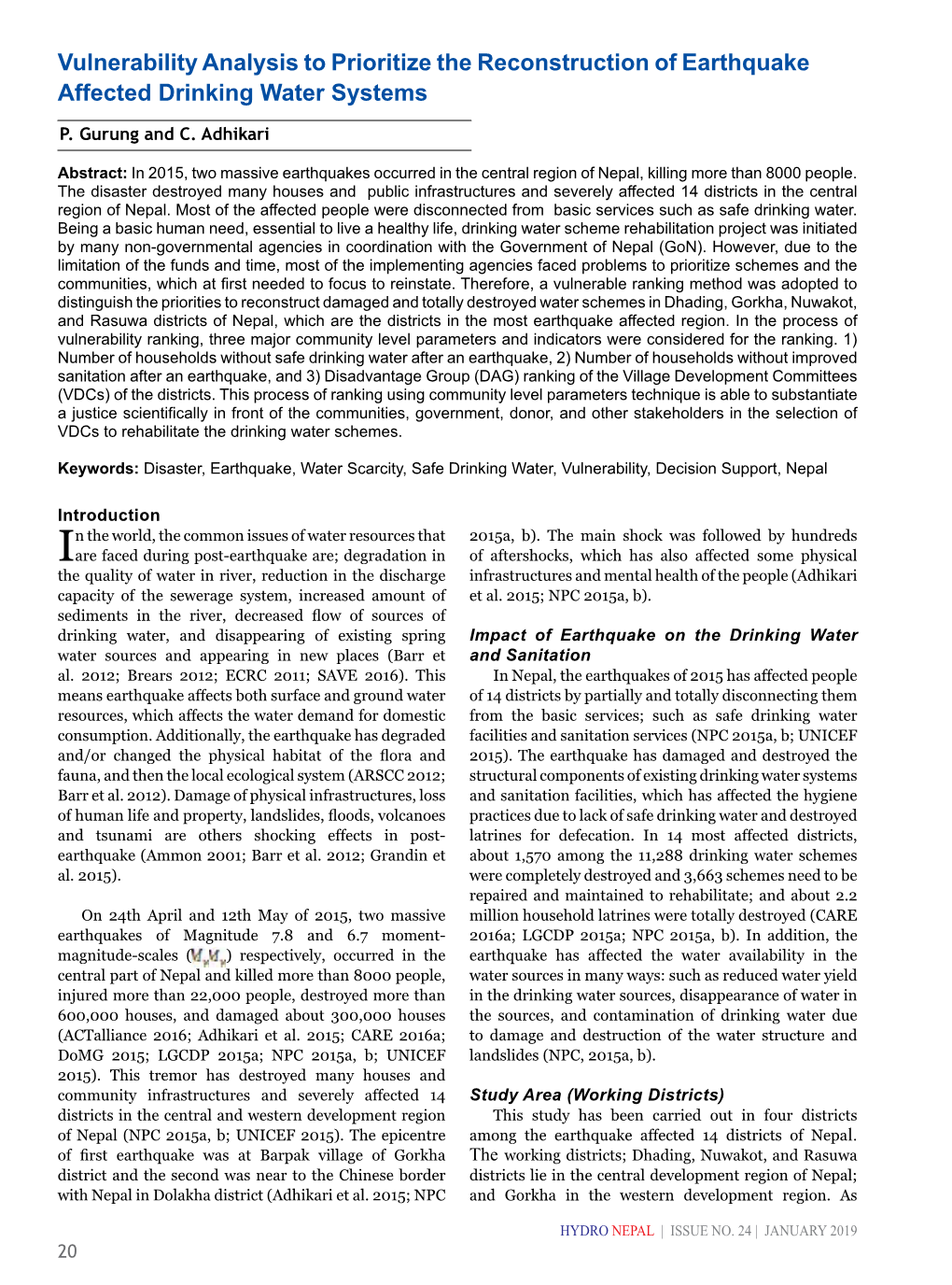 Vulnerability Analysis to Prioritize the Reconstruction of Earthquake Affected Drinking Water Systems