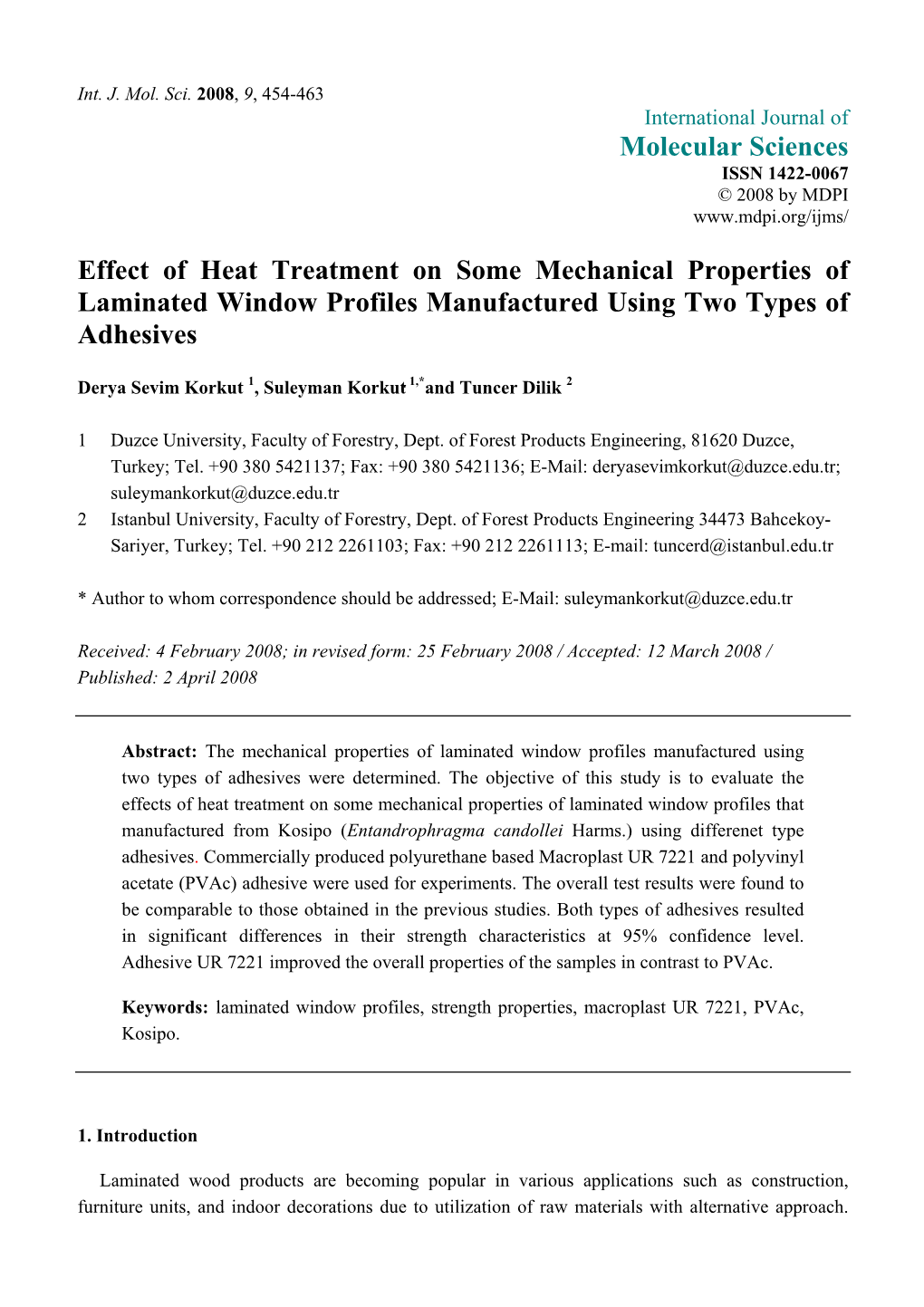 Effect of Heat Treatment on Some Mechanical Properties of Laminated Window Profiles Manufactured Using Two Types of Adhesives