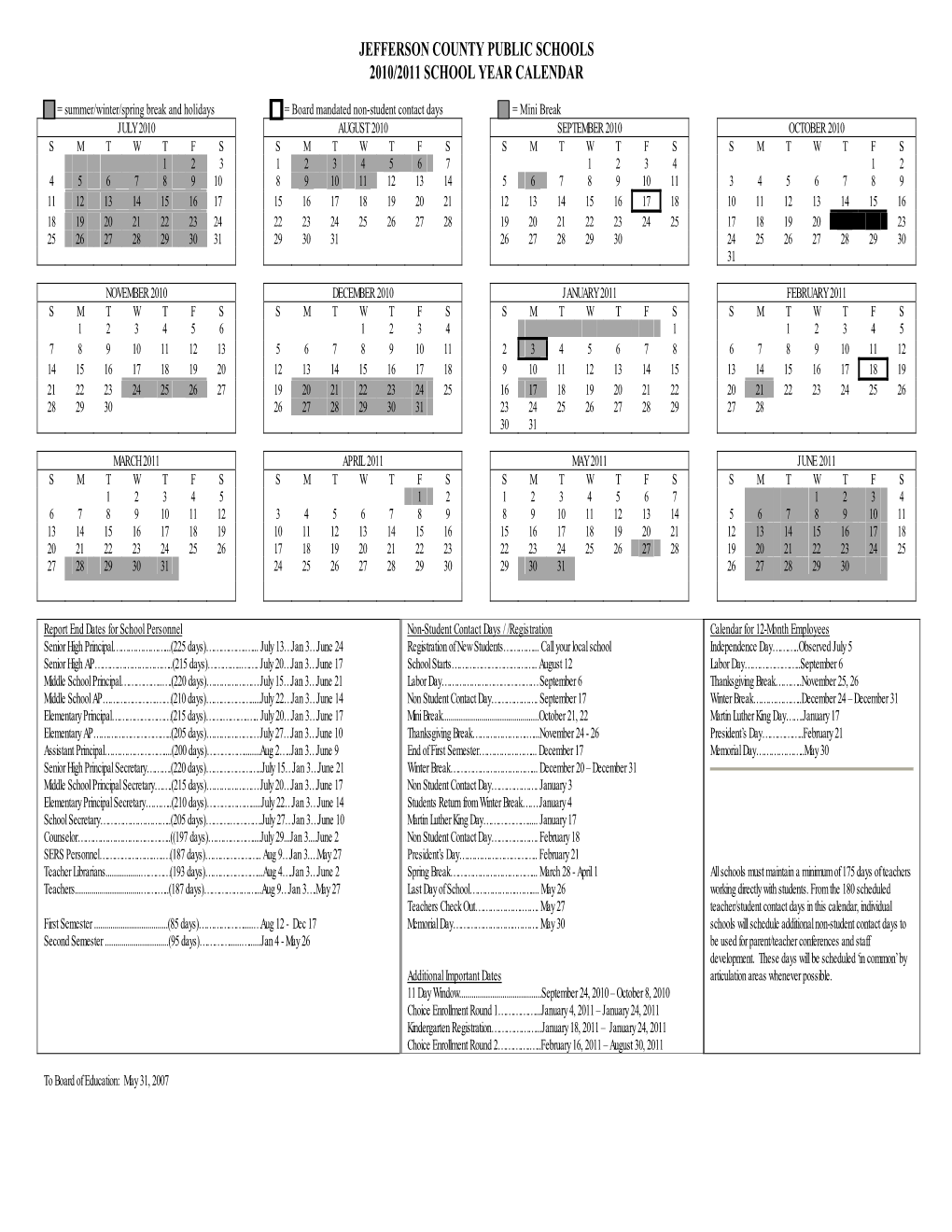 Jefferson County Public Schools 2010/2011 School Year Calendar