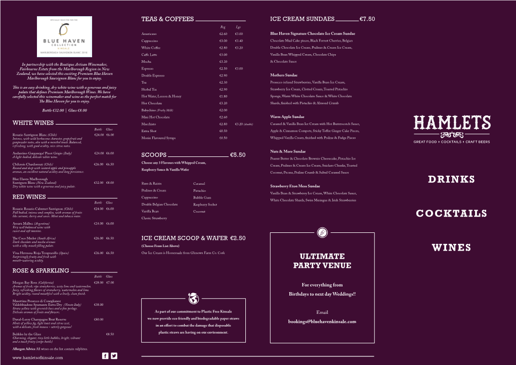 Hamlets Drinks Menu A3