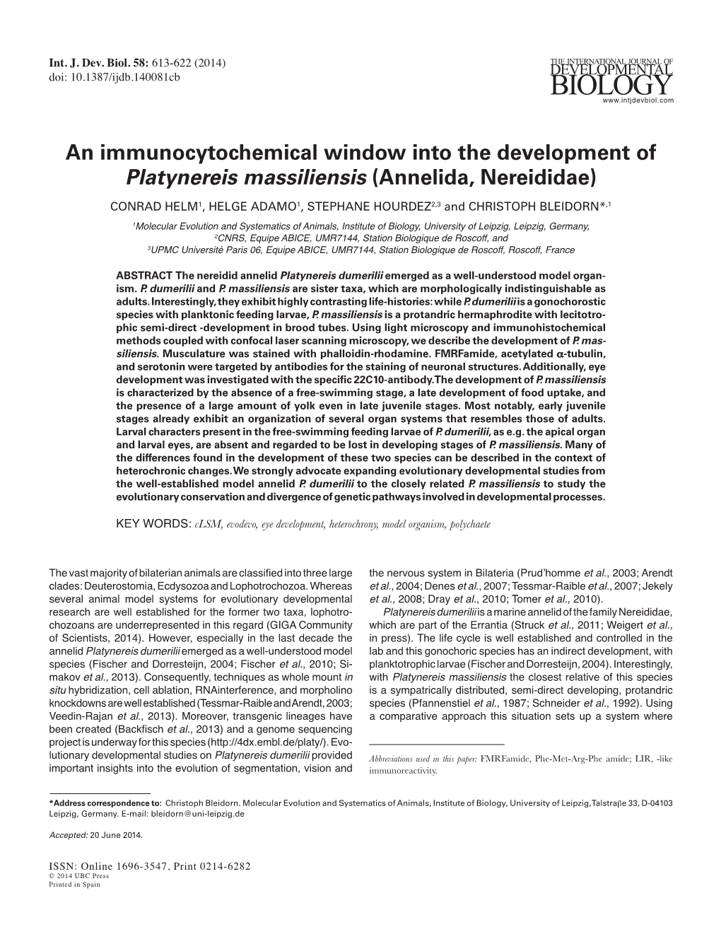 An Immunocytochemical Window Into the Development of Platynereis Massiliensis (Annelida, Nereididae)