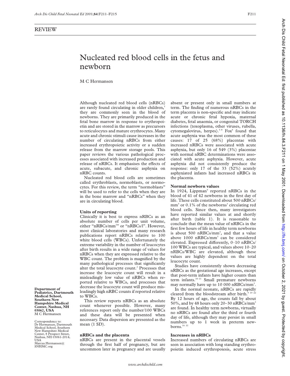 Nucleated Red Blood Cells in the Fetus and Newborn