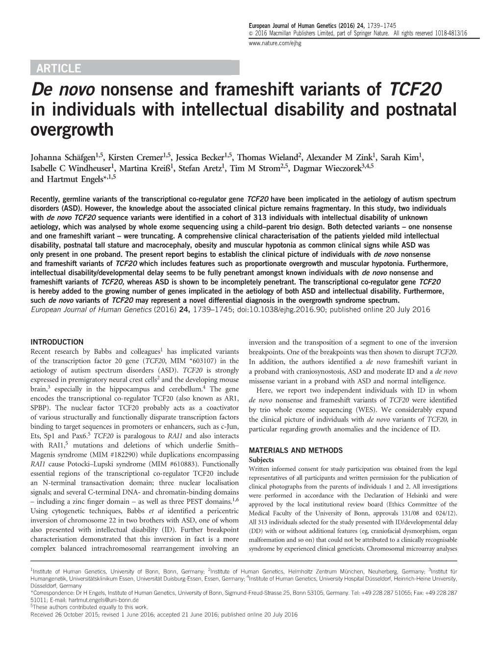 De Novo Nonsense and Frameshift Variants of TCF20 in Individuals with Intellectual Disability and Postnatal Overgrowth