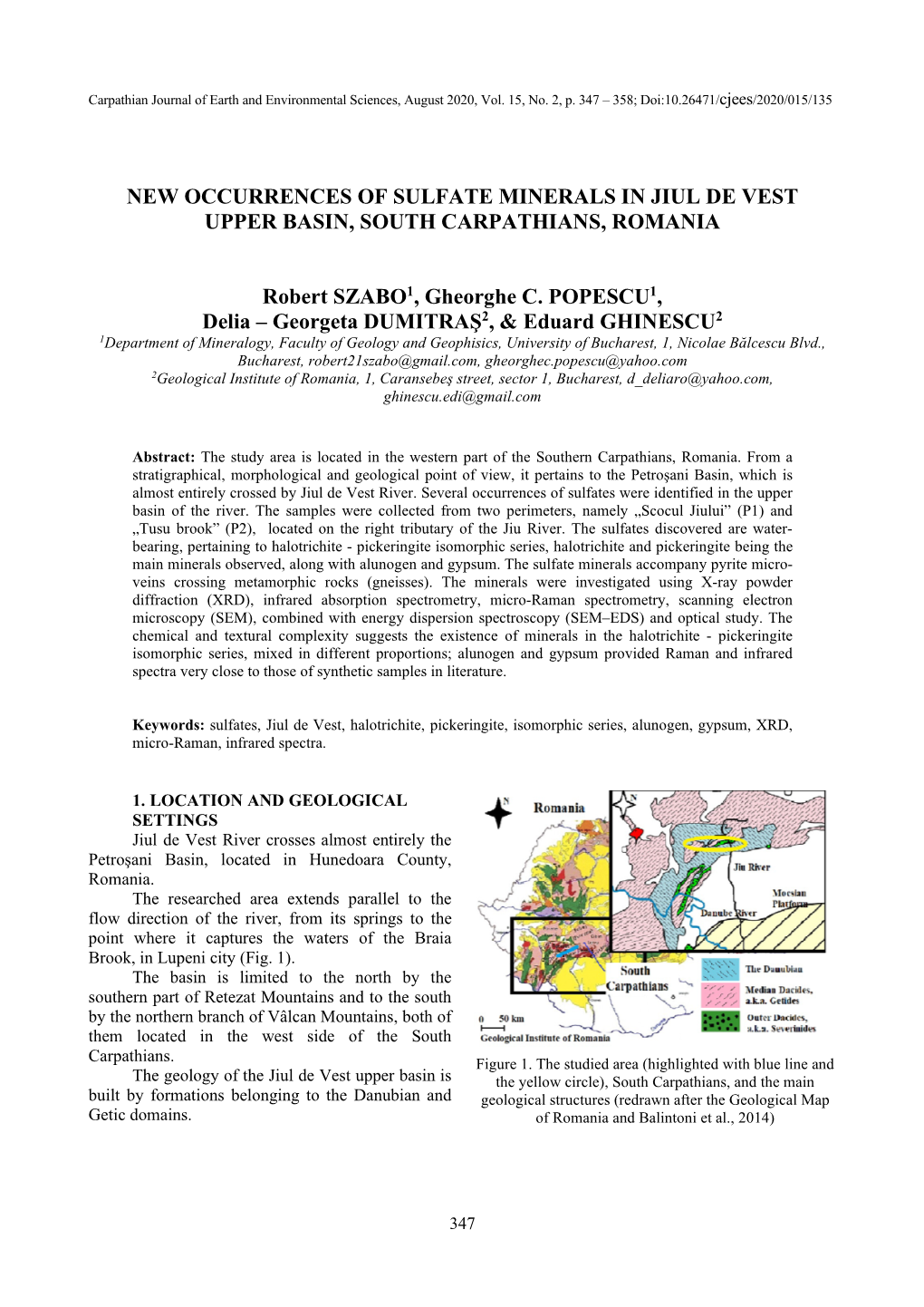 New Occurrences of Sulfate Minerals in Jiul De Vest Upper Basin, South Carpathians, Romania