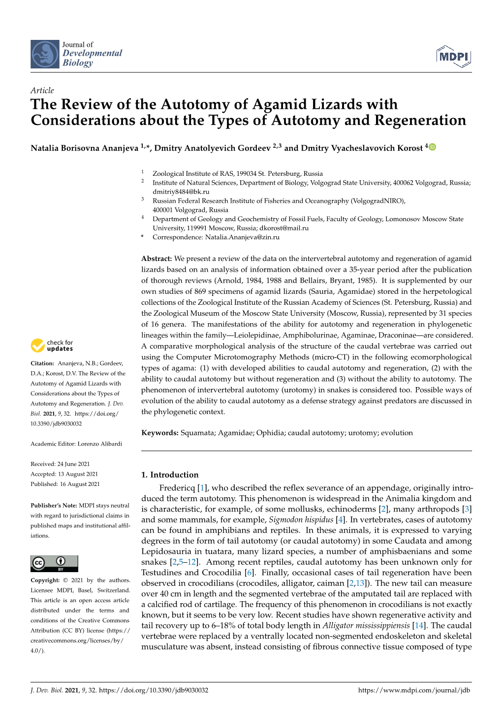 The Review of the Autotomy of Agamid Lizards with Considerations About the Types of Autotomy and Regeneration