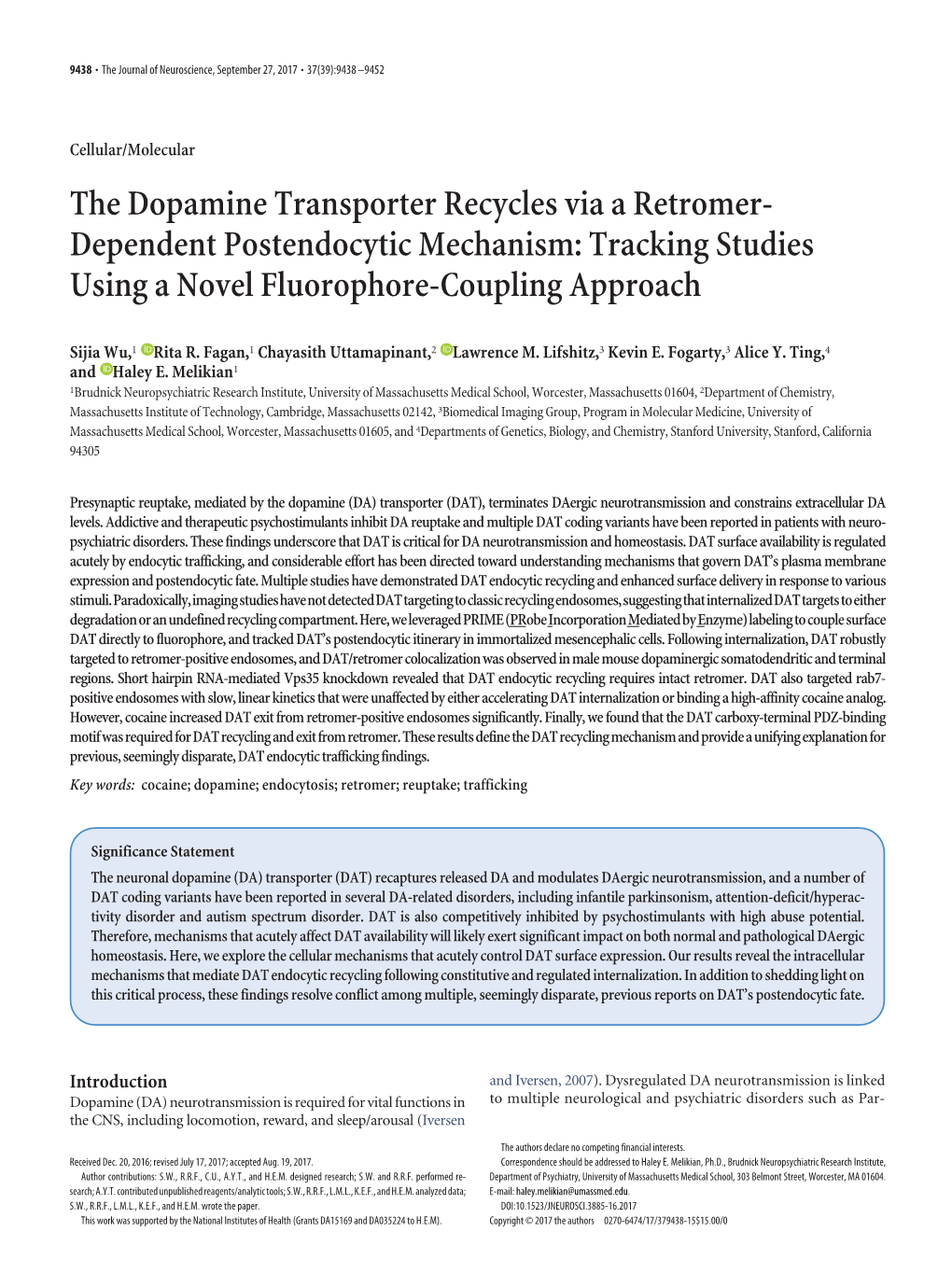 The Dopamine Transporter Recycles Via a Retromer-Dependent